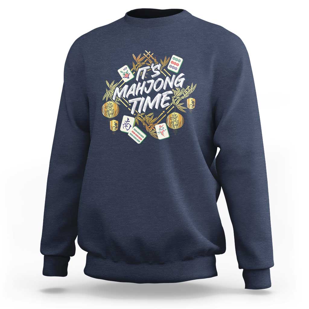 Navy crewneck sweatshirt with colorful Mahjong Time graphic and ribbed cuffs