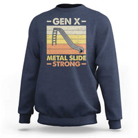 Navy sweatshirt with front graphic: GEN X, Metal Slide Strong