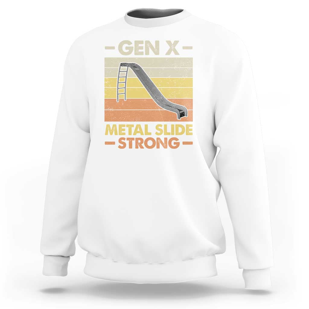 White sweatshirt with front graphic: GEN X, Metal Slide Strong