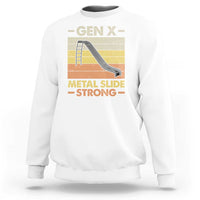 White sweatshirt with front graphic: GEN X, Metal Slide Strong