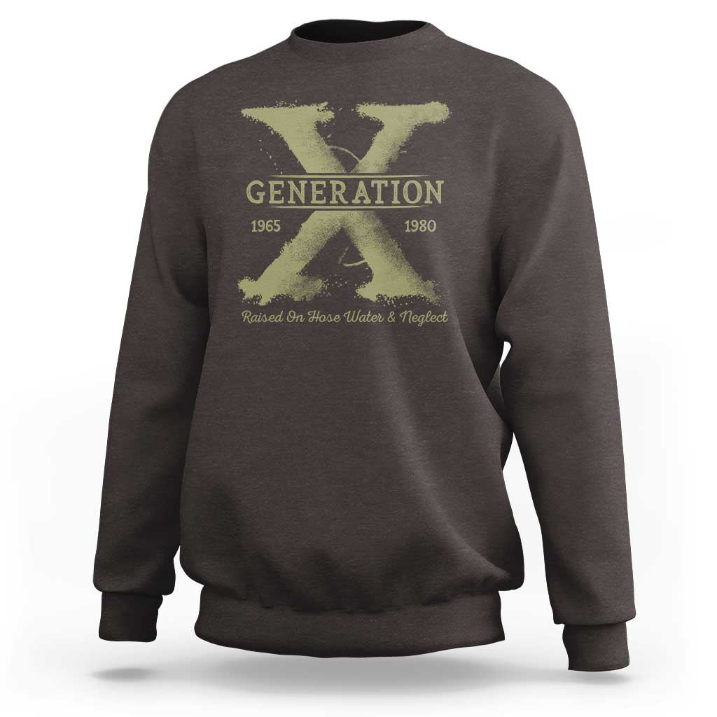 Dark chocolate crewneck sweatshirt with yellow Generation X graphic on front