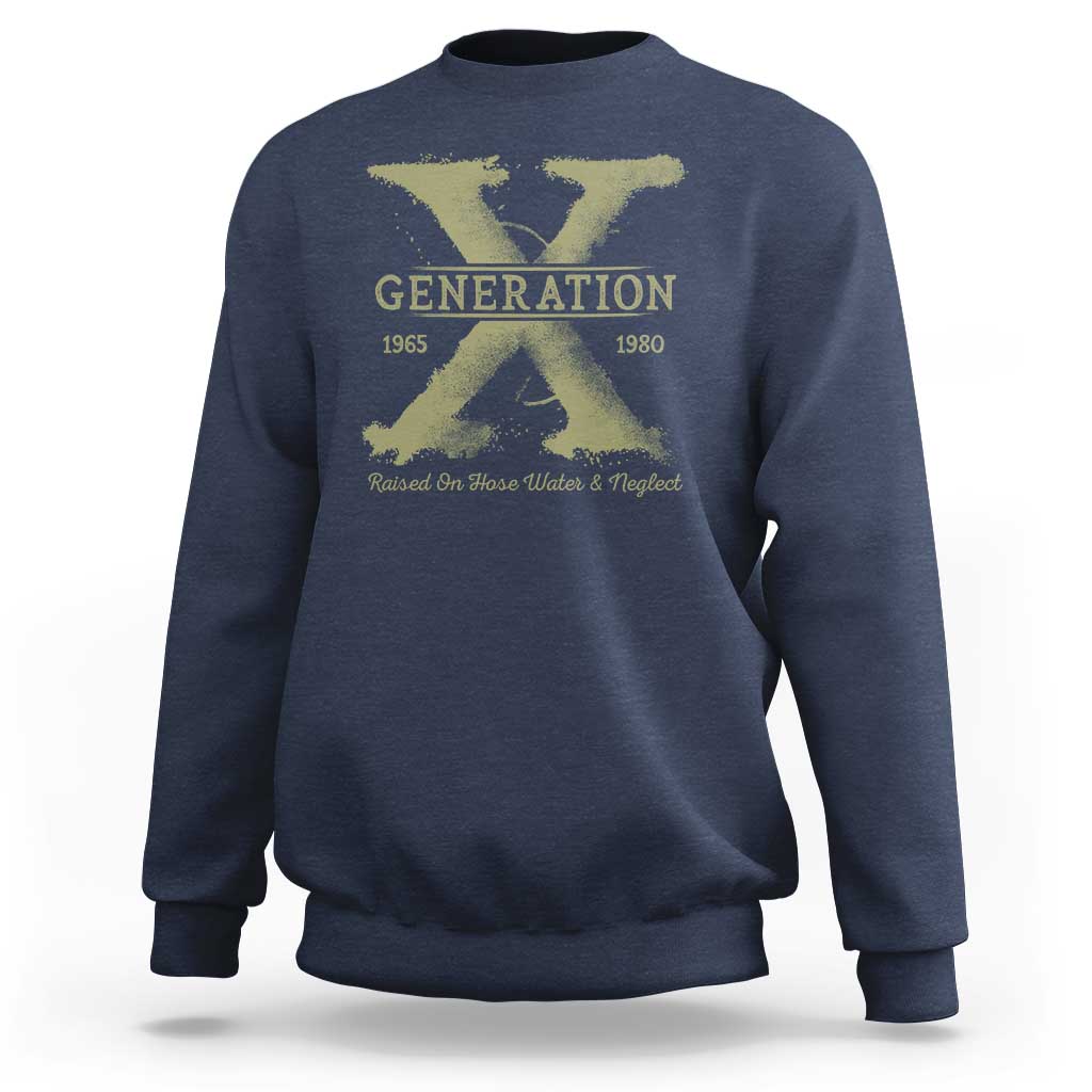 Navy crewneck sweatshirt with yellow Generation X graphic on front