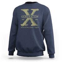 Navy crewneck sweatshirt with yellow Generation X graphic on front
