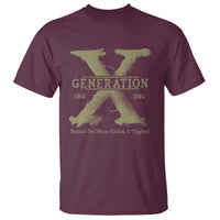 Maroon T-shirt with 'GENERATION' 1965–1980 X-style front graphic