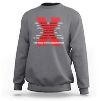 Charcoal gray crewneck sweatshirt with red and white chest graphic text.