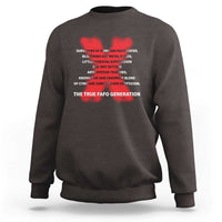 Dark chocolate crewneck sweatshirt with red and white chest graphic text.
