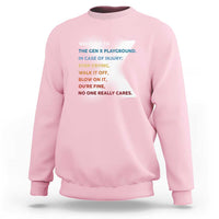 Light pink crewneck sweatshirt with colorful back slogan print