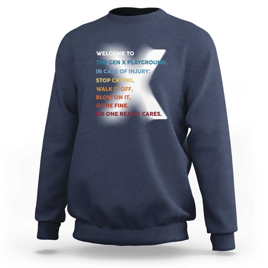 Navy crewneck sweatshirt with colorful back slogan print