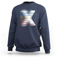 Navy crewneck sweatshirt with colorful back slogan print