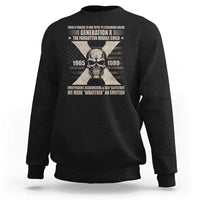 Black crewneck sweatshirt with centered skull graphic and long sleeves
