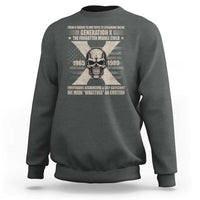 Dark heather gray crewneck sweatshirt with centered skull graphic and long sleeves