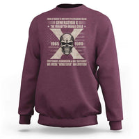 Maroon crewneck sweatshirt with centered skull graphic and long sleeves