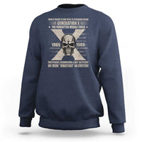 Navy crewneck sweatshirt with centered skull graphic and long sleeves