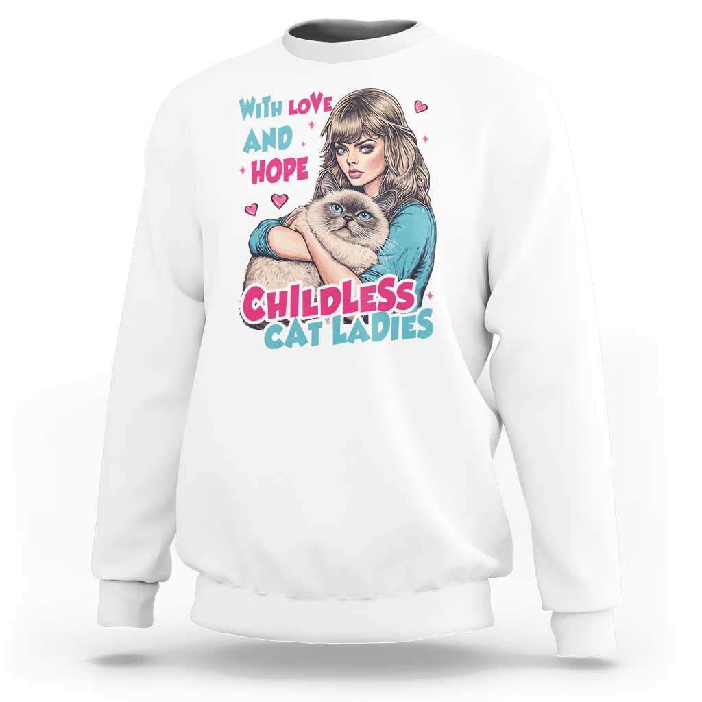 White cat graphic crewneck sweatshirt with girl holding a gray cat on front, long sleeves.