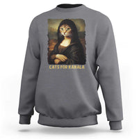 Charcoal gray crewneck sweatshirt with cat Mona Lisa print and 'CATS FOR KAMALA' text
