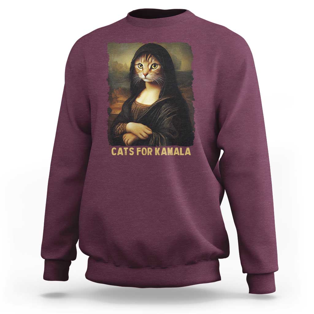 Maroon crewneck sweatshirt with cat Mona Lisa print and 'CATS FOR KAMALA' text