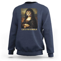 Navy crewneck sweatshirt with cat Mona Lisa print and 'CATS FOR KAMALA' text