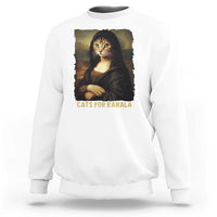 White crewneck sweatshirt with cat Mona Lisa print and 'CATS FOR KAMALA' text