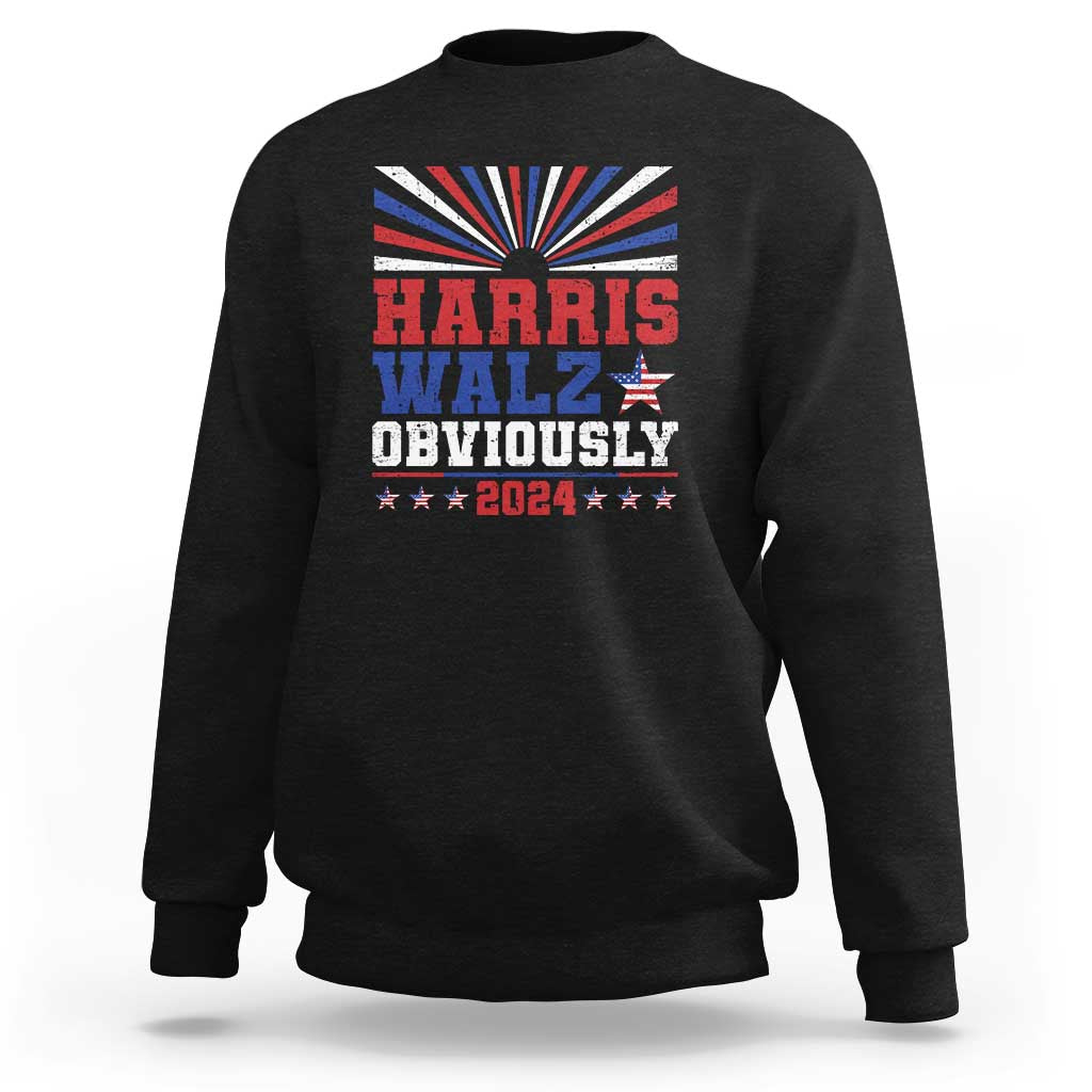 Black crewneck sweatshirt with Harris Walz Obviously 2024 stars graphic on chest