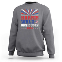 Charcoal gray crewneck sweatshirt with Harris Walz Obviously 2024 stars graphic on chest