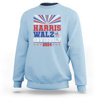 Light blue crewneck sweatshirt with Harris Walz Obviously 2024 stars graphic on chest