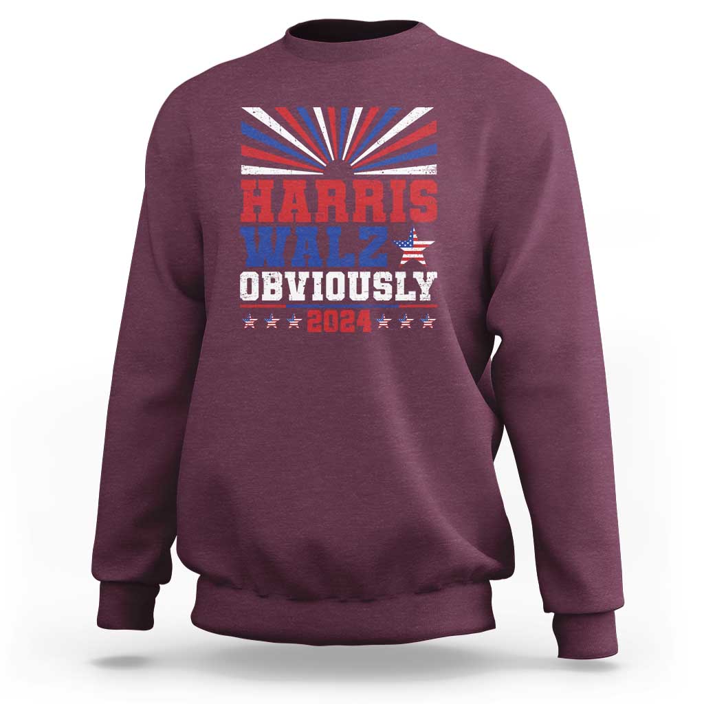 Maroon crewneck sweatshirt with Harris Walz Obviously 2024 stars graphic on chest