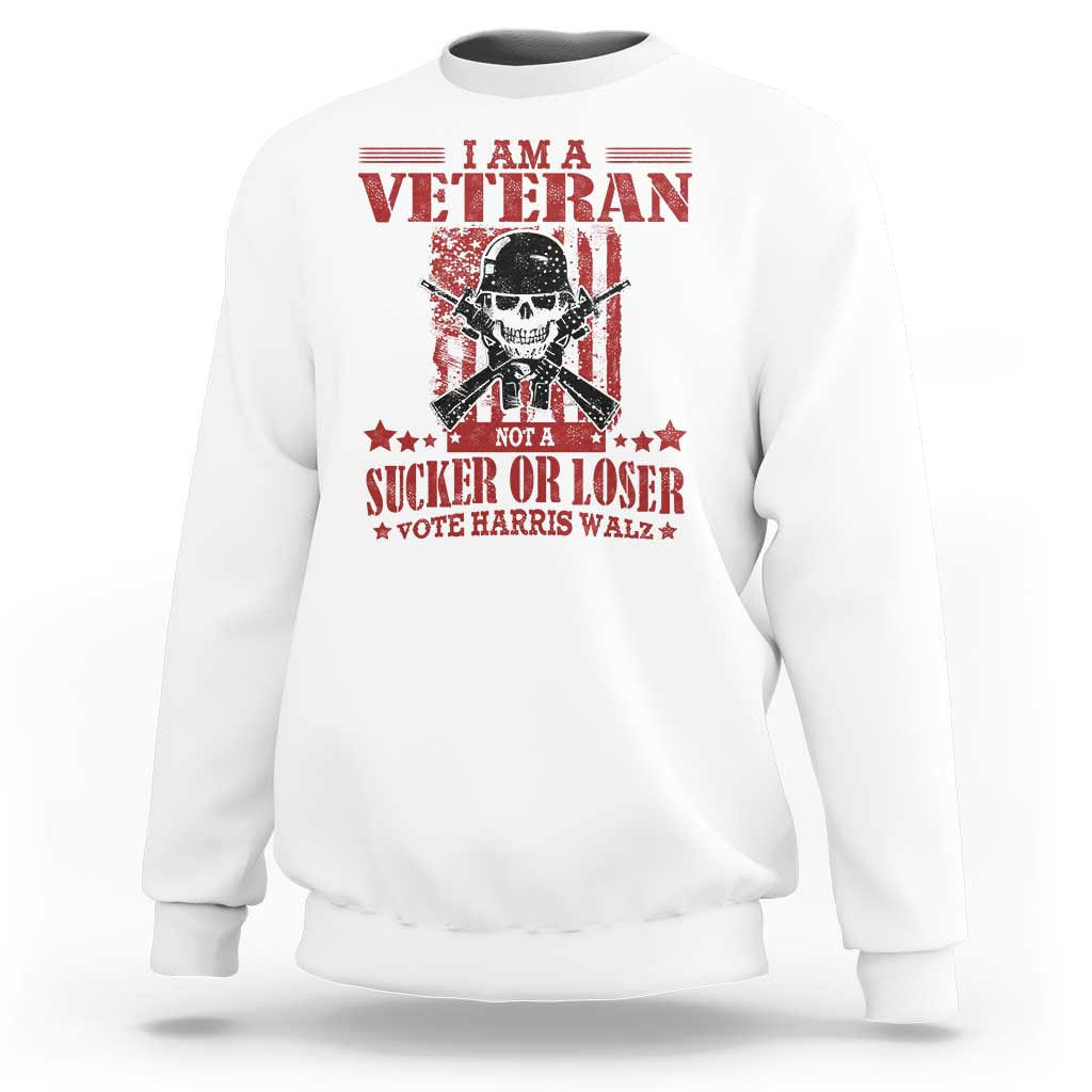 White sweatshirt with red veteran skull and flag graphic, crewneck long sleeves