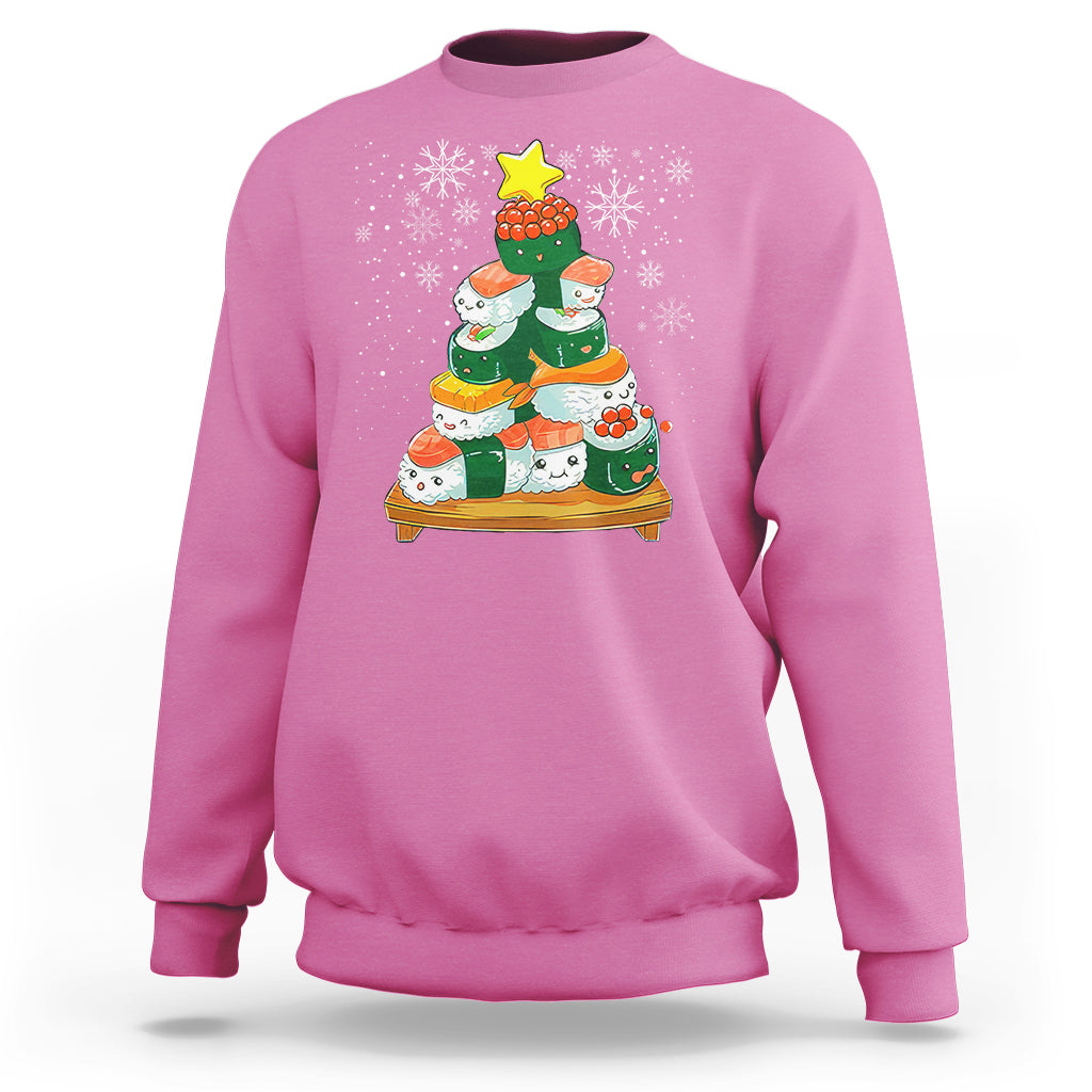 Pink Christmas sweatshirt with cute sushi-tree graphic and snowflake details