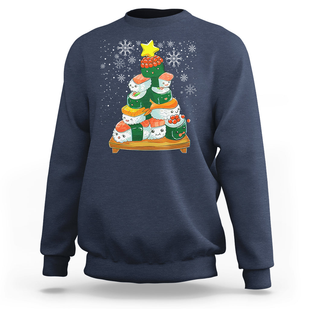 Navy Christmas sweatshirt with cute sushi-tree graphic and snowflake details