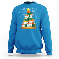 Sapphire blue Christmas sweatshirt with cute sushi-tree graphic and snowflake details