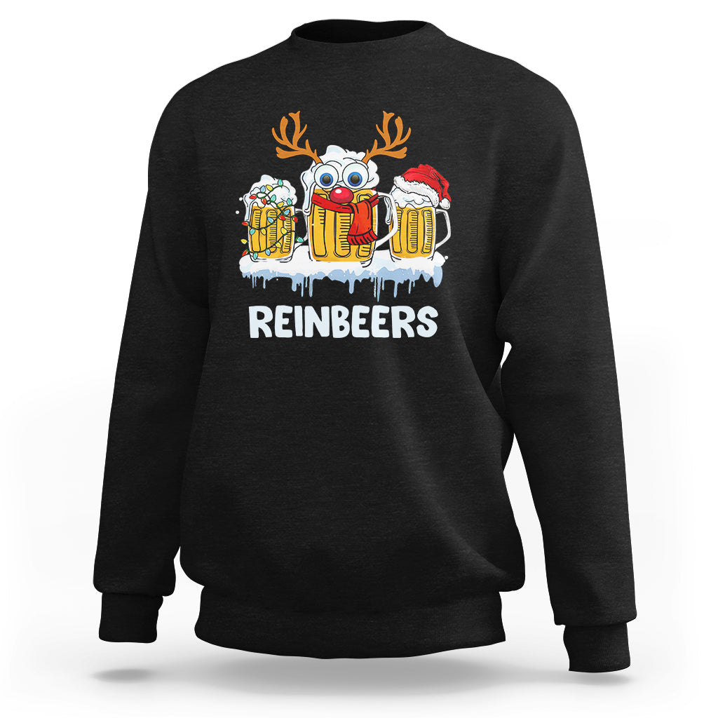Black crewneck sweatshirt with reindeer holding beer mugs graphic on chest
