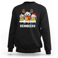 Black crewneck sweatshirt with reindeer holding beer mugs graphic on chest