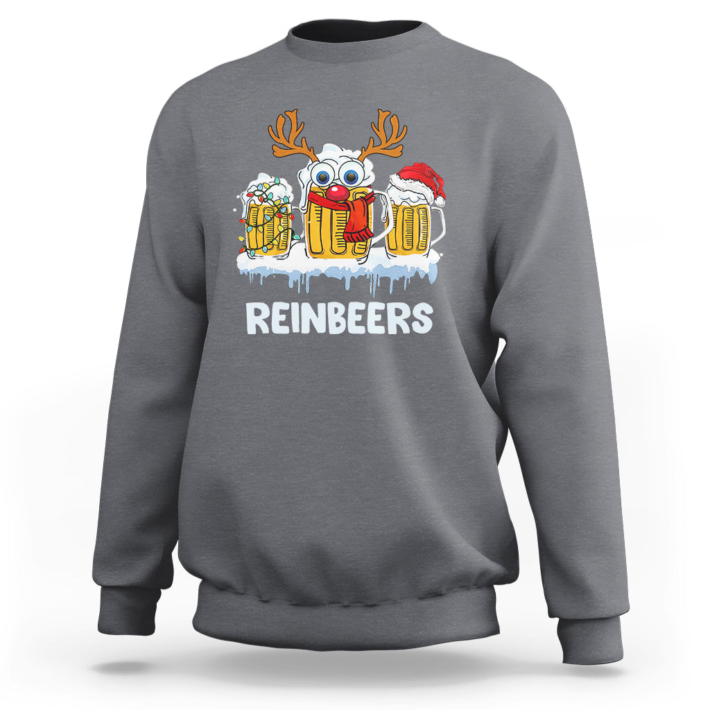 Charcoal crewneck sweatshirt with reindeer holding beer mugs graphic on chest