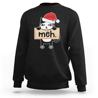 Black sweatshirt with cartoon black cat wearing Santa hat and “meh” sign front print.