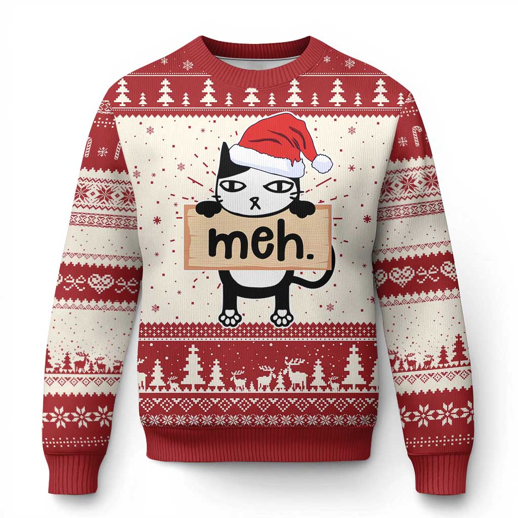 Christmas cat graphic ugly sweater, red-and-cream knit with 'meh.' and hat