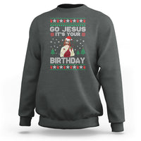 Dark heather gray crewneck sweatshirt with festive holiday birthday graphic on the front