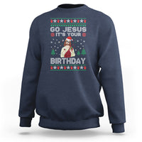 Slate blue crewneck sweatshirt with festive holiday birthday graphic on the front