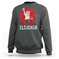 Dark heather Christmas sweatshirt with red “Sleigher” Santa sleighing music graphic