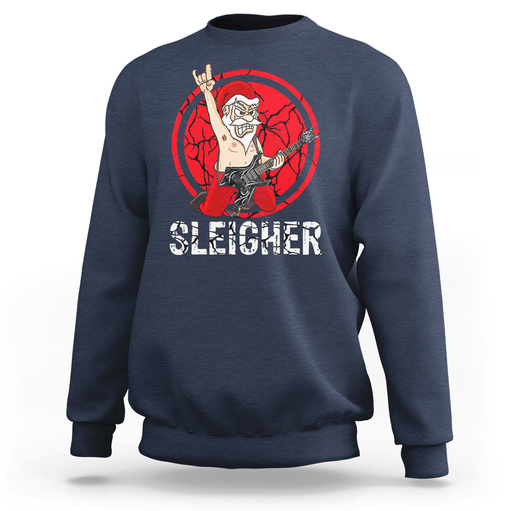 Navy Christmas sweatshirt with red “Sleigher” Santa sleighing music graphic
