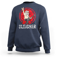 Navy Christmas sweatshirt with red “Sleigher” Santa sleighing music graphic