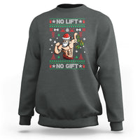 Dark heather Christmas sweatshirt with “No Lift” Santa gym graphic, crewneck long sleeves