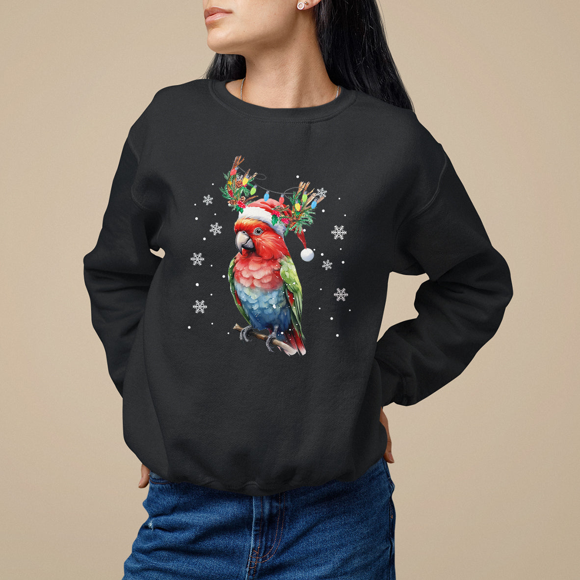 Black Christmas sweatshirt with colorful parrot graphic and snowflake print