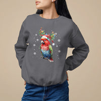 Charcoal Christmas sweatshirt with colorful parrot graphic and snowflake print
