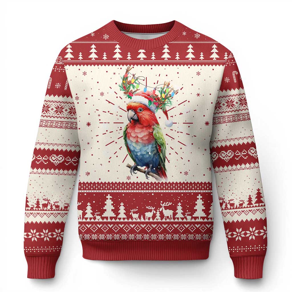 Red and cream crewneck Christmas sweater with parrot graphic and festive fair isle border