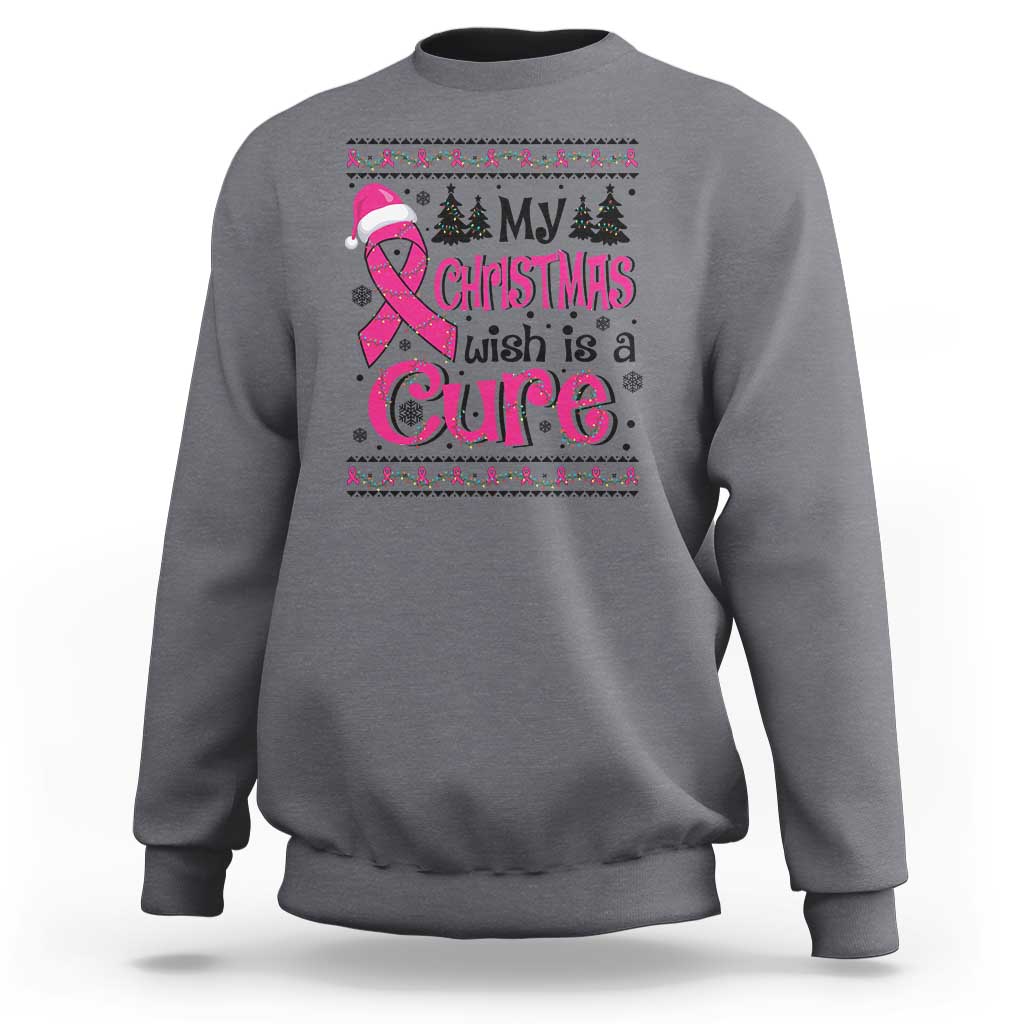 Charcoal gray sweatshirt with front 'Christmas wish is a Cure' graphic, trees and ribbon