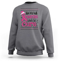 Charcoal gray sweatshirt with front 'Christmas wish is a Cure' graphic, trees and ribbon