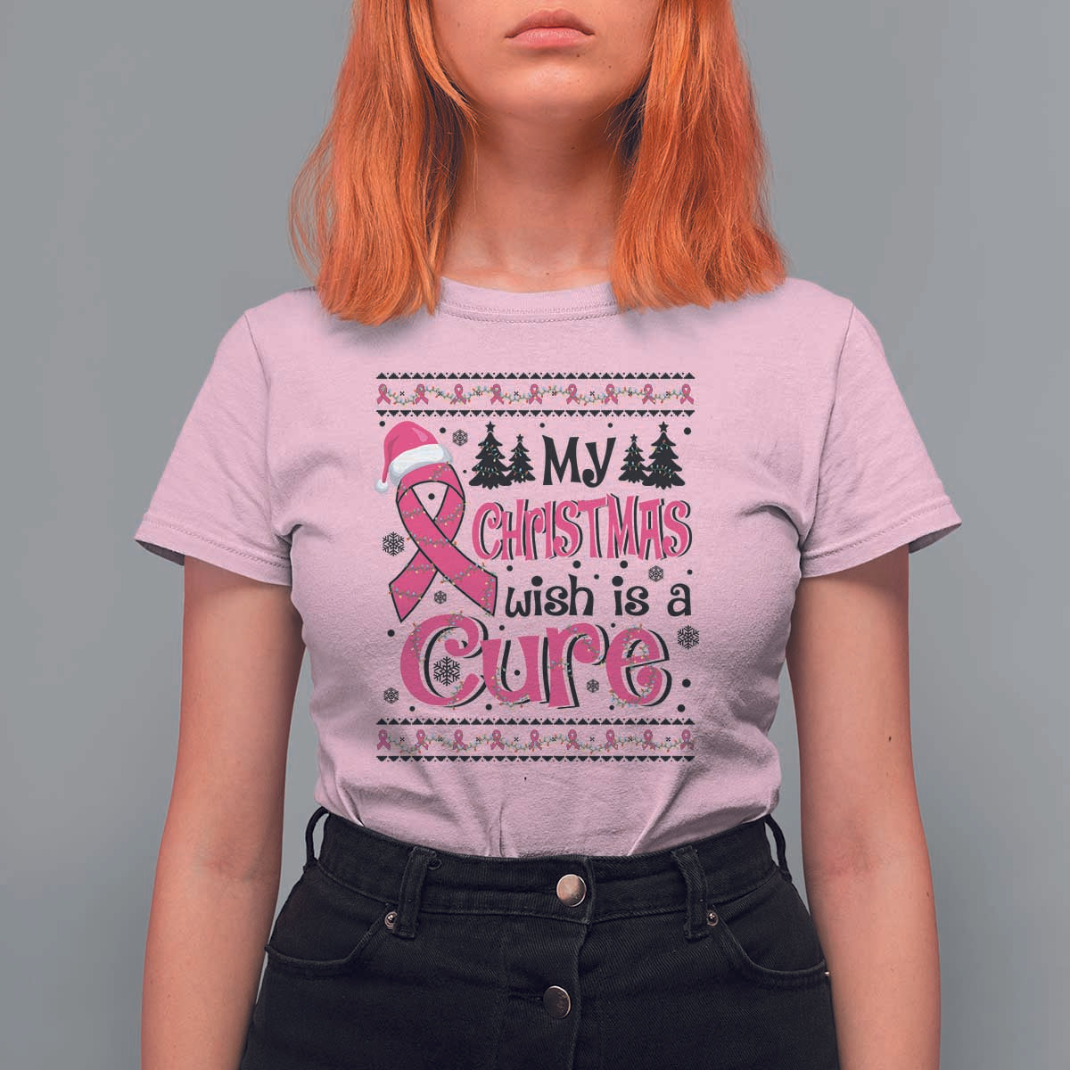 My Christmas Wish Is A Cure Breast Cancer T Shirt For Women - Wonder Print Shop