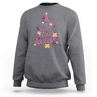Charcoal gray sweatshirt with colorful breast cancer ribbon Christmas tree graphic