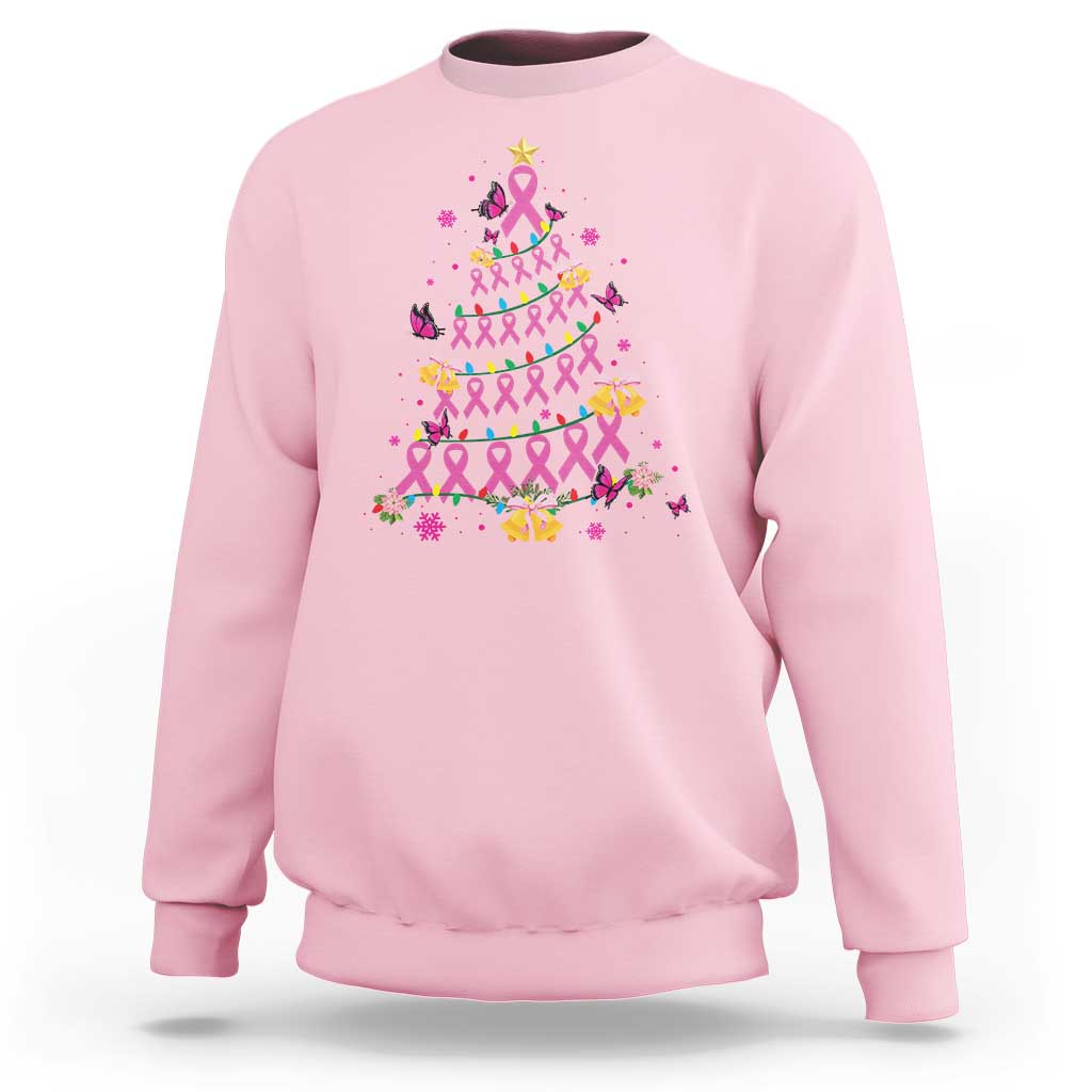 Light pink sweatshirt with colorful breast cancer ribbon Christmas tree graphic