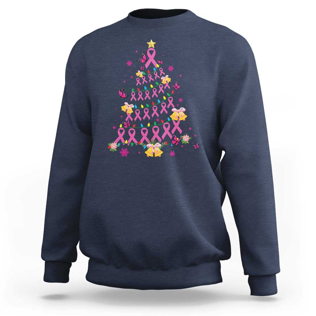 Navy sweatshirt with colorful breast cancer ribbon Christmas tree graphic